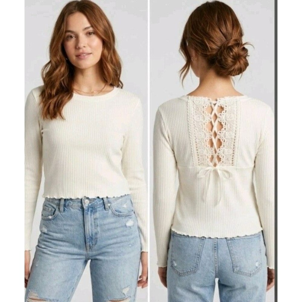 AMERICAN RAG CIE SIZE L BLOUSE WHITE LACE BACK RIBBON